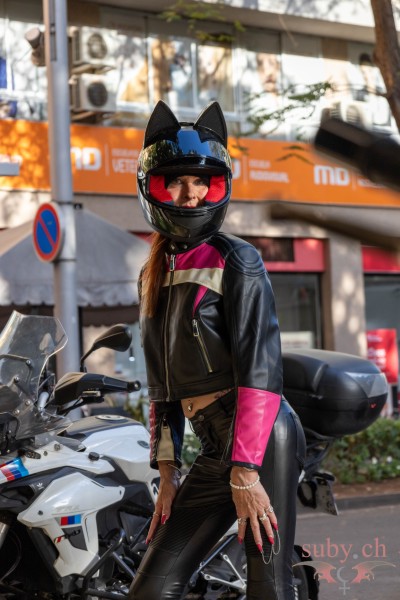 sub-balmer-biker-outfit-with-helmet Suby Balmer motorcycle outfit and helmet with cat ears.